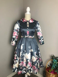Kennedy Dress in Roses Grey Taffeta - Shop women style vintage, Audrey Hepburn jackets online -Christine