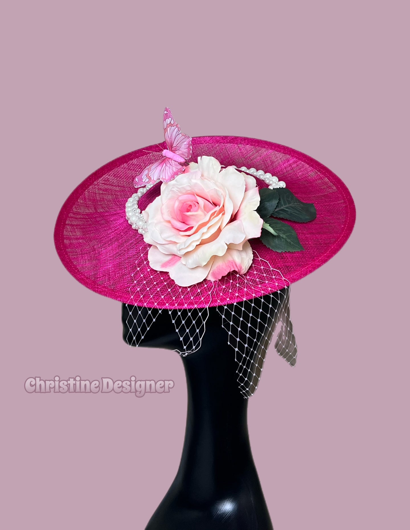 Fushia Pink hat white flower pearls