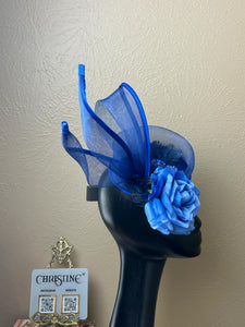 Blue coctail hat Rhinestone feather matching dress