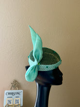 Load image into Gallery viewer, Green hat base - bow in turquoise and cover crown
