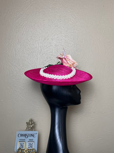 Fushia Pink hat white flower pearls