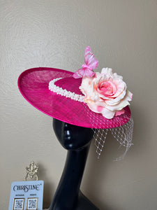 Fushia Pink hat white flower pearls