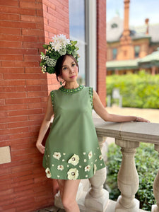 Kira dress in green Rhinestones pearls 3D flowers