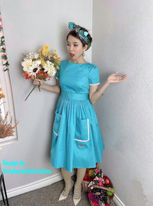 Lily Dress in "AQUA" Blue cotton - Shop women style vintage, Audrey Hepburn jackets online -Christine