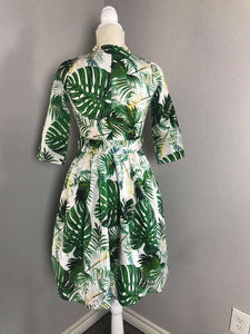 Laura Dress in Solid cotton Tropical Leaves size S - Shop women style vintage, Audrey Hepburn jackets online -Christine