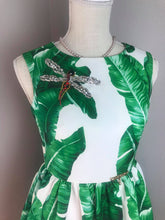 Load image into Gallery viewer, Audrey Dress in Banana Leaf Dragonfly gemstones brooch - Shop women style vintage, Audrey Hepburn jackets online -Christine
