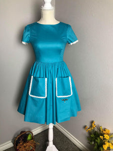 Lily Dress in "AQUA" Blue cotton - Shop women style vintage, Audrey Hepburn jackets online -Christine