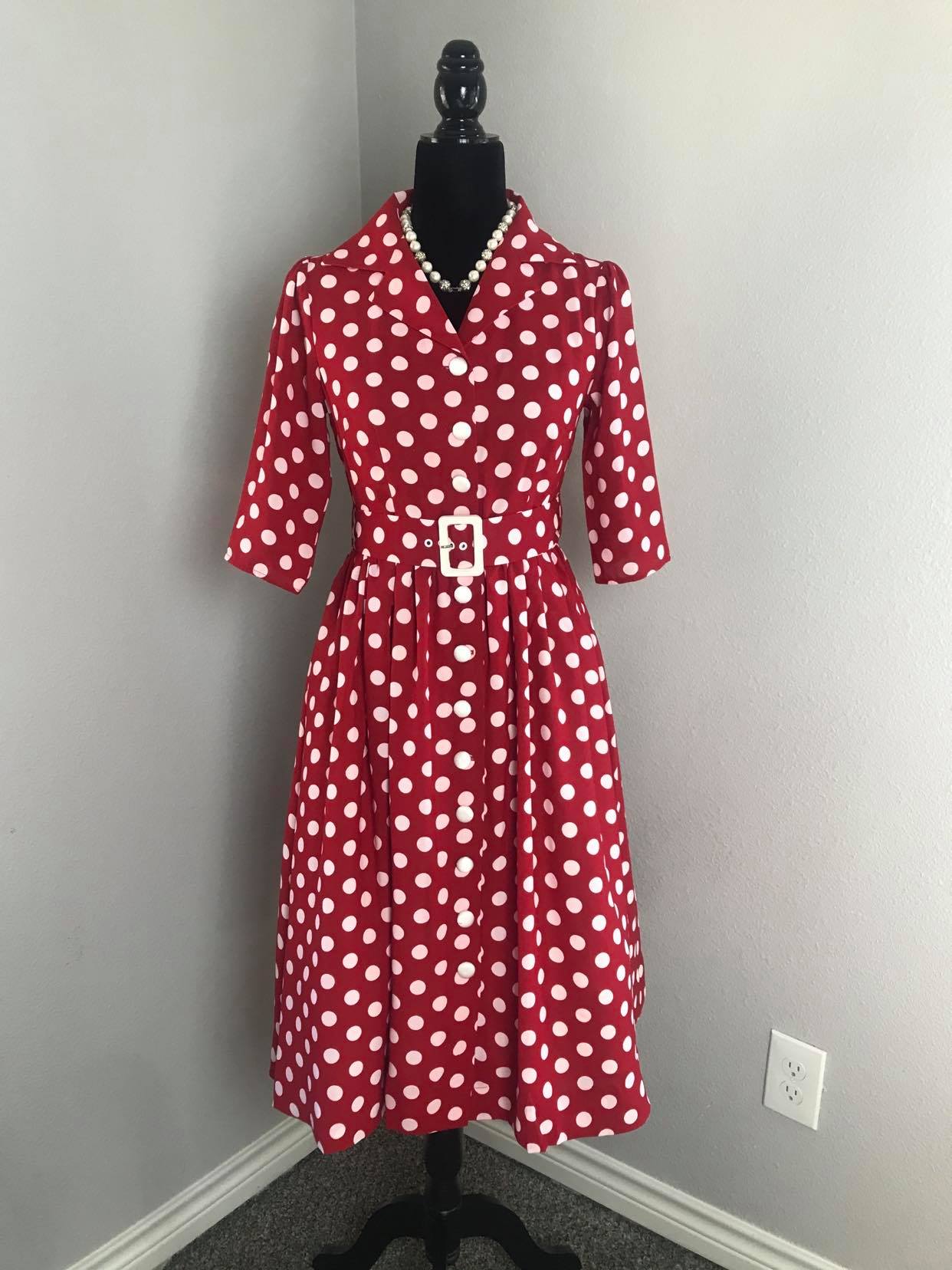 Kathy Dress in Red White Polka Dots - Shop women style vintage, Audrey Hepburn jackets online -Christine