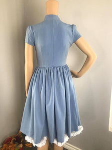 Kate Dress in Solid Blue Cotton - Shop women style vintage, Audrey Hepburn jackets online -Christine
